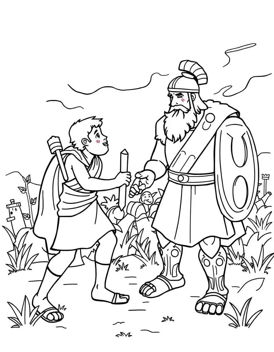 David and Goliath battle scene, illustrated with simple outlines and friendly characters for a children's coloring page.