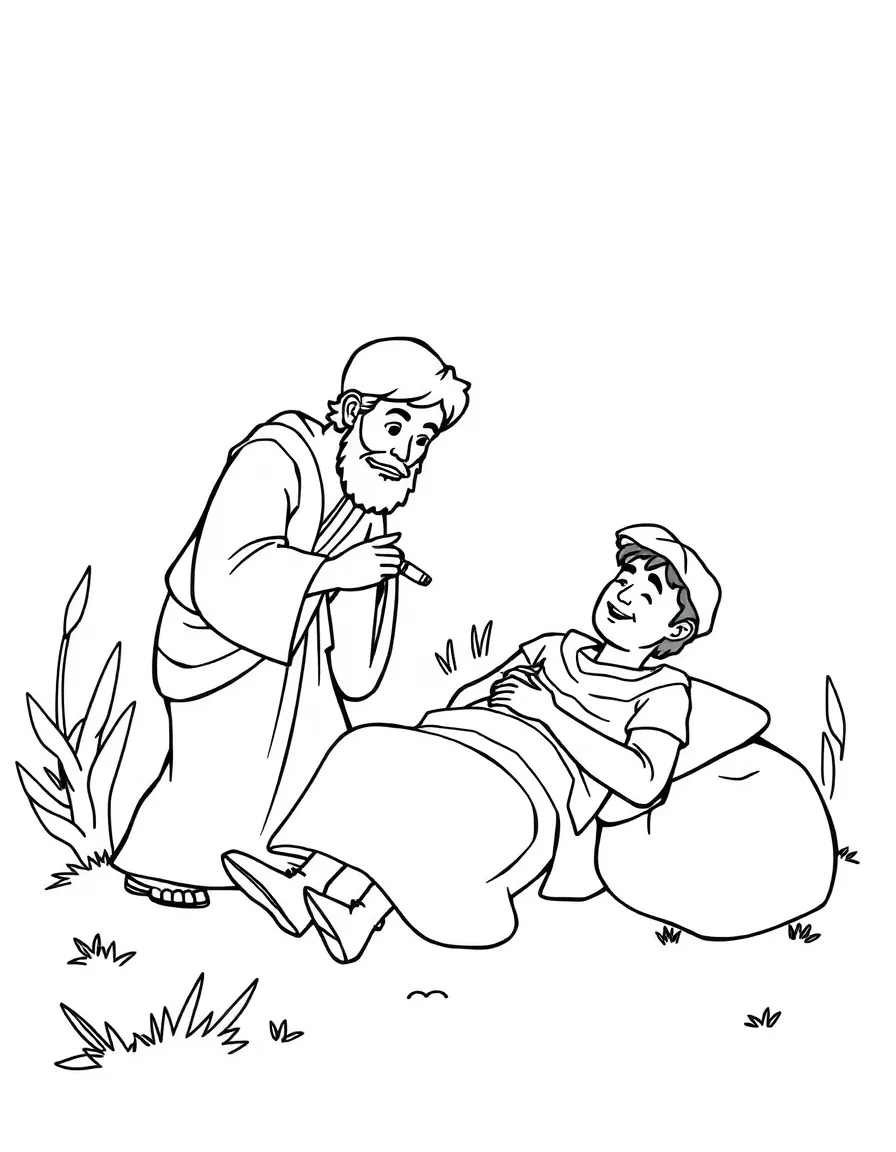 The Good Samaritan helping the injured man, illustrated with simple outlines and friendly characters for a children's coloring page.