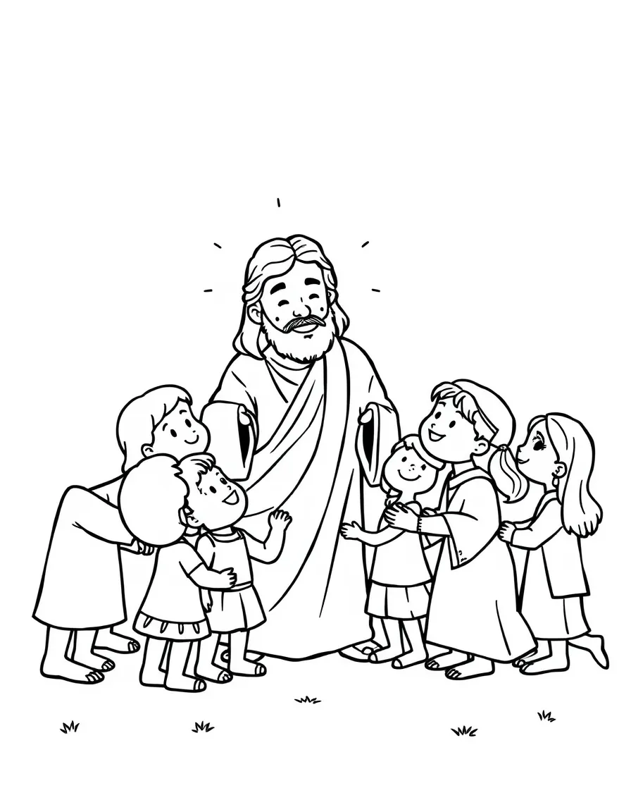 Jesus blessing the children, illustrated with simple outlines and friendly characters for a children's coloring page.