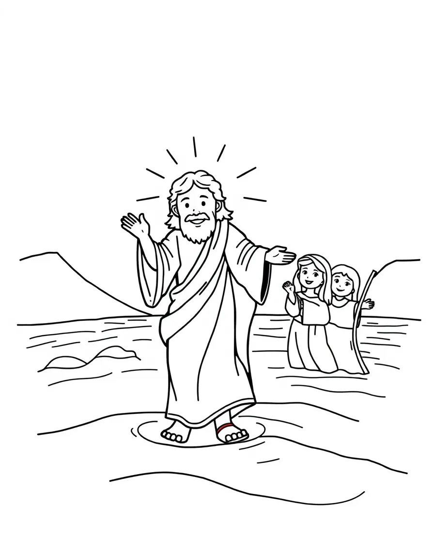 Jesus walking on water, illustrated with simple outlines and friendly characters for a children's coloring page.