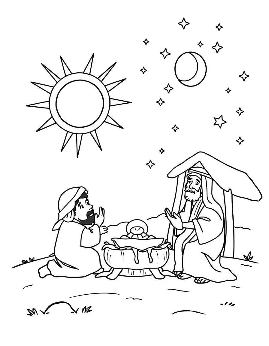 Joseph’s dream with the sun, moon, and stars, illustrated with simple outlines and friendly characters for a children's coloring page.