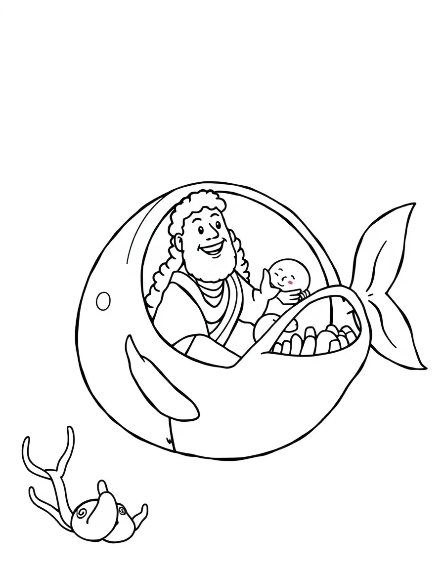 Jonah inside the big fish, illustrated with simple outlines and friendly characters for a children's coloring page.
