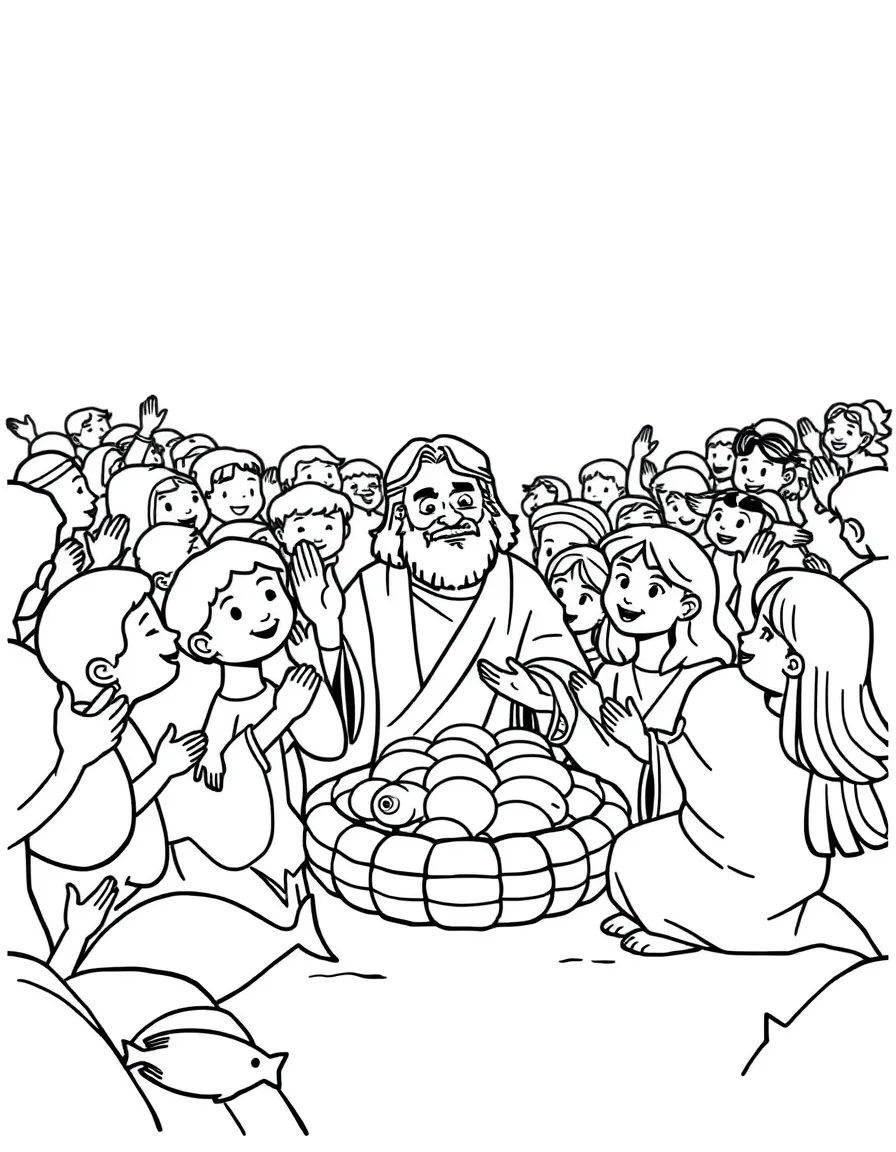Jesus feeding the 5000 with fish and loaves, illustrated with simple outlines and friendly characters for a children's coloring page.