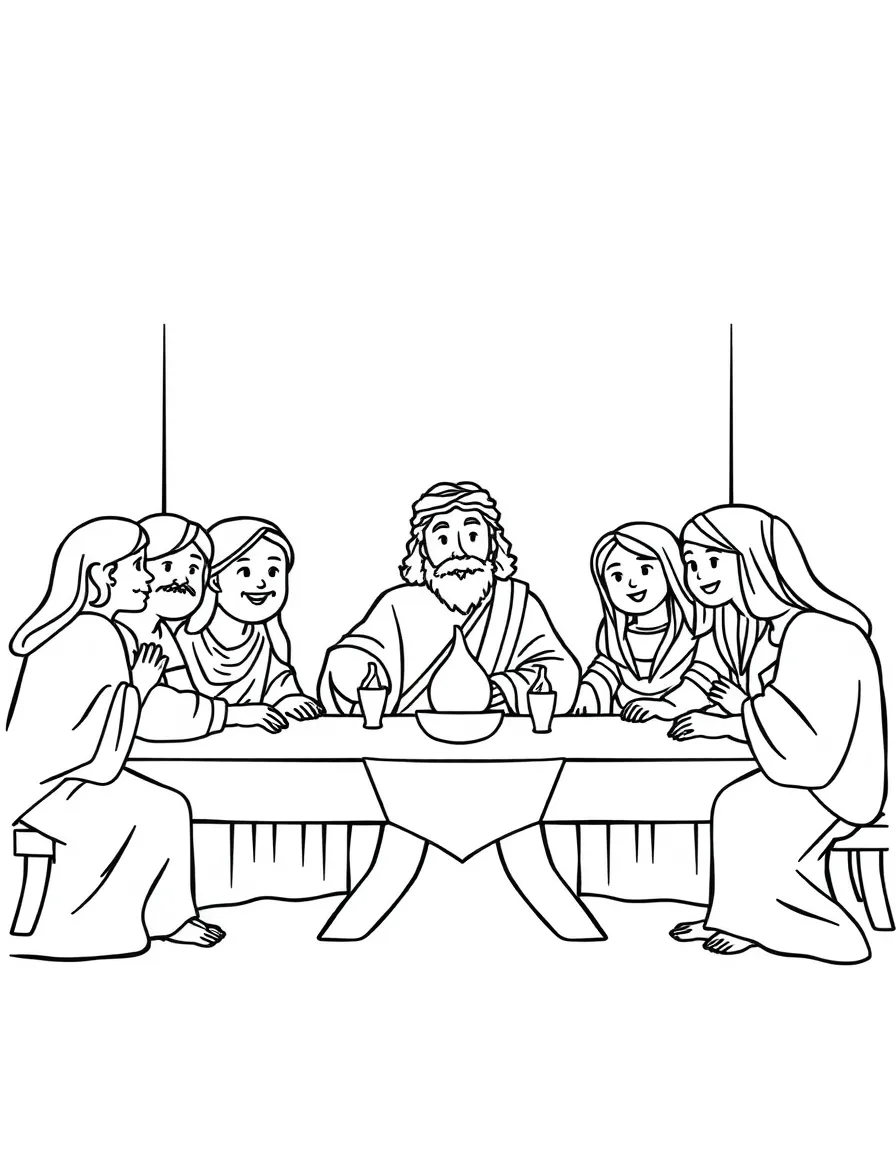 The Last Supper with Jesus and his disciples, illustrated with simple outlines and friendly characters for a children's coloring page.