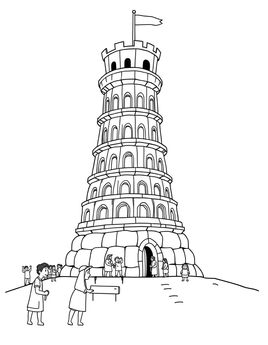 The Tower of Babel being built, illustrated with simple outlines and friendly characters for a children's coloring page.