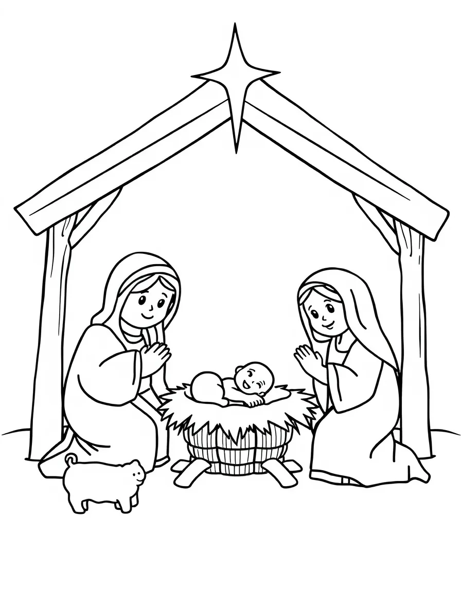The Nativity scene with baby Jesus in the manger, illustrated with simple outlines and friendly characters for a children's coloring page.