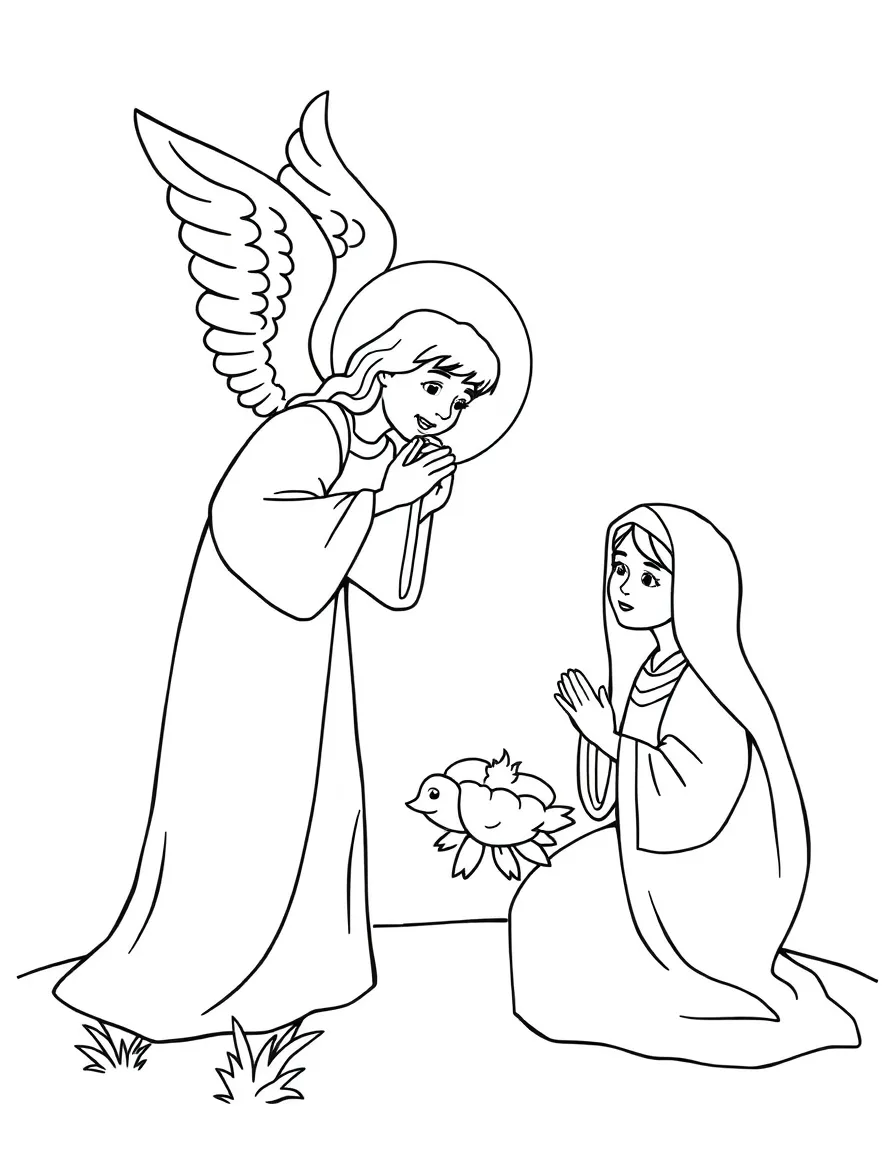 The angel Gabriel appearing to Mary, illustrated with simple outlines and friendly characters for a children's coloring page.