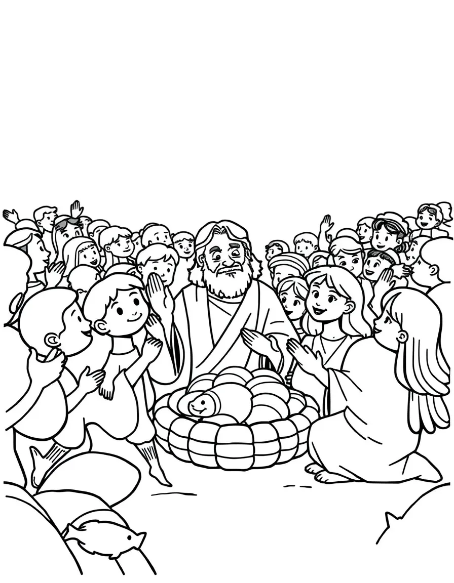Jesus feeding the 5000 with fish and loaves, illustrated with simple outlines and friendly characters for a children's coloring page.