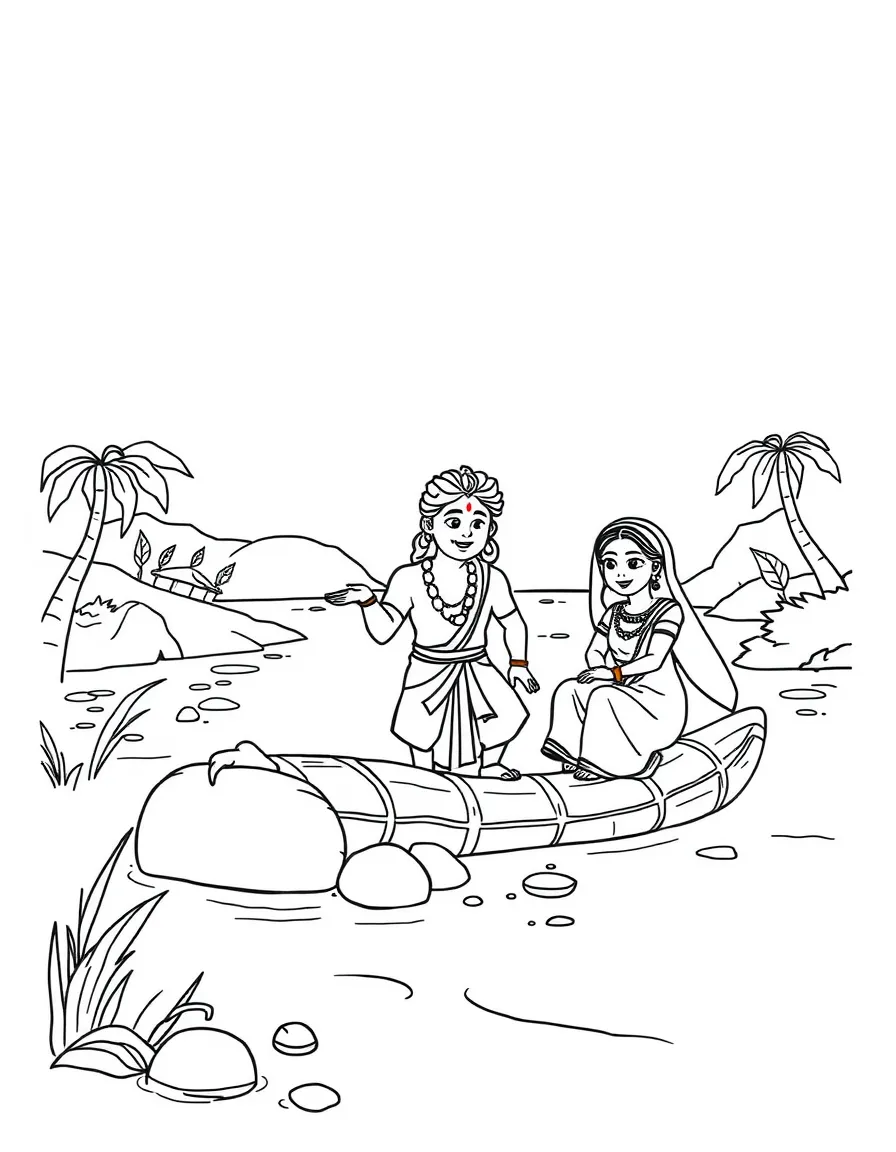 The story of Rama and Sita crossing the river, illustrated with simple outlines and friendly characters for a children's coloring page.