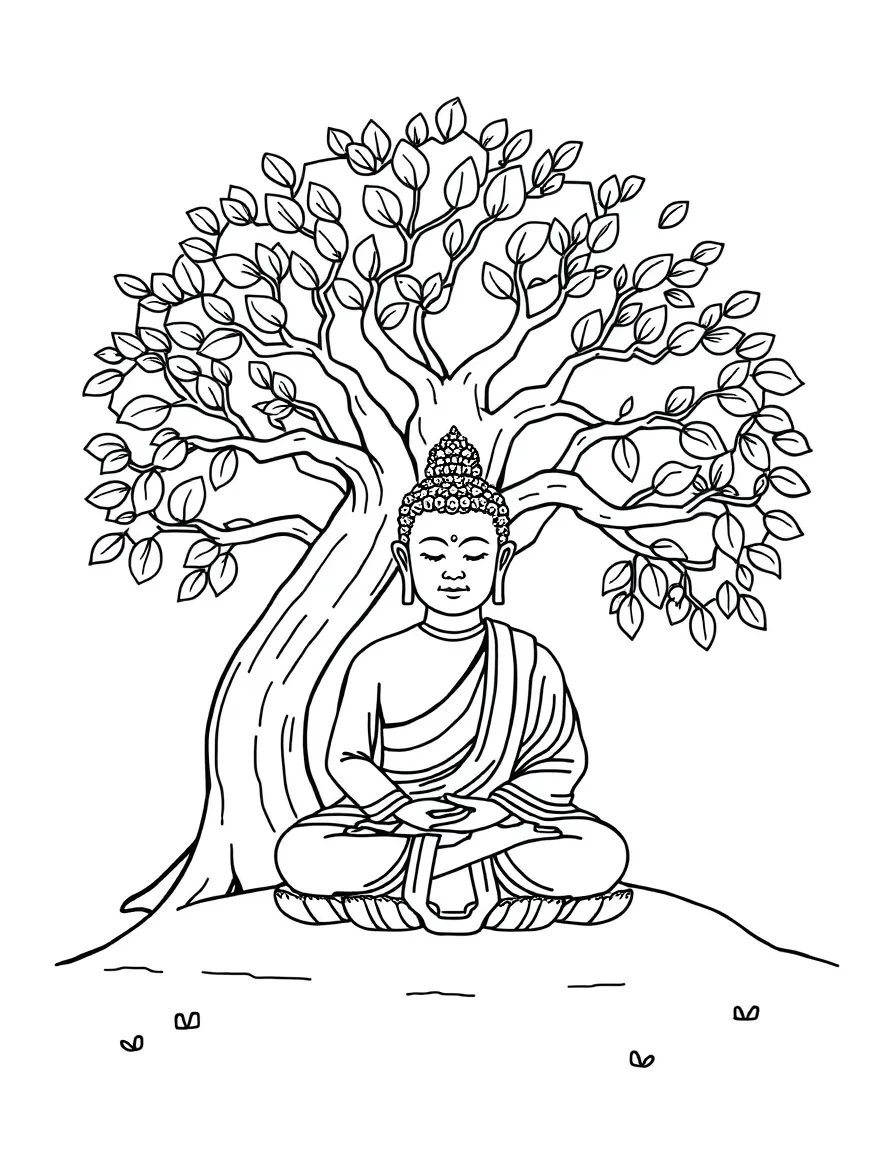 The Buddha meditating under the Bodhi tree, illustrated with simple outlines and friendly characters for a children's coloring page.