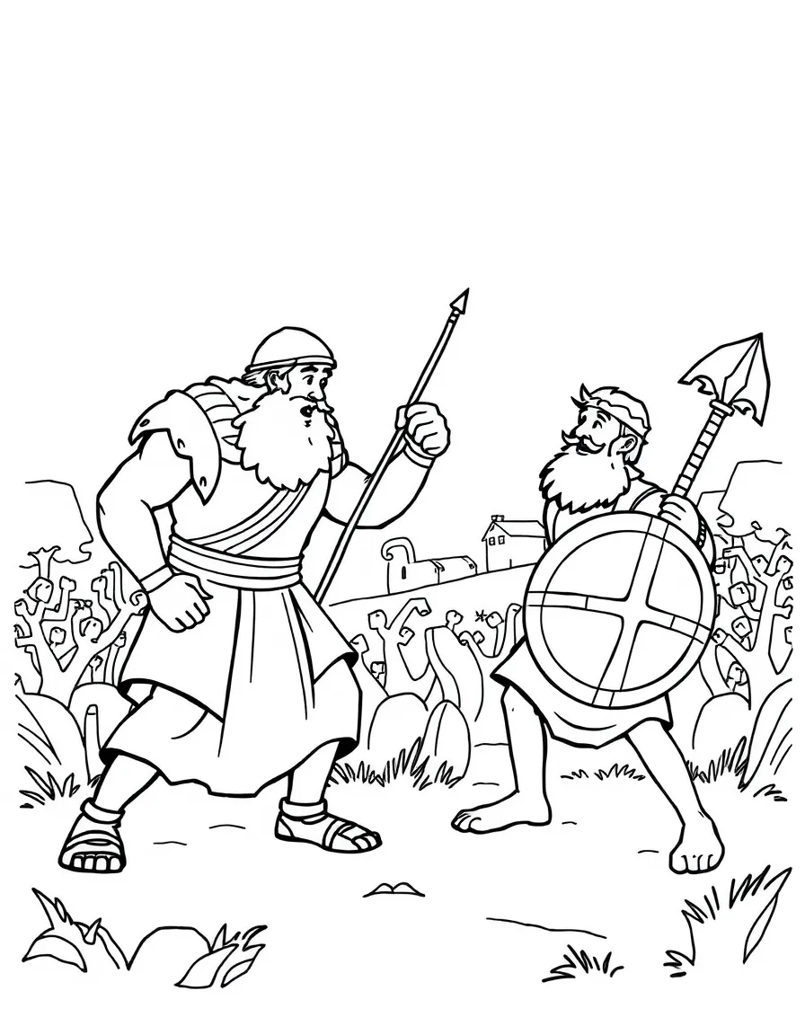 David and Goliath battle scene, illustrated with simple outlines and friendly characters for a children's coloring page.