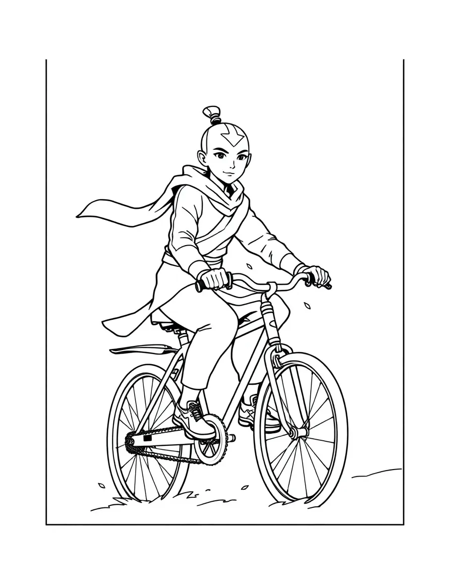 Avatar: The Last Airbender riding a bicycle, inside a comic book frame.