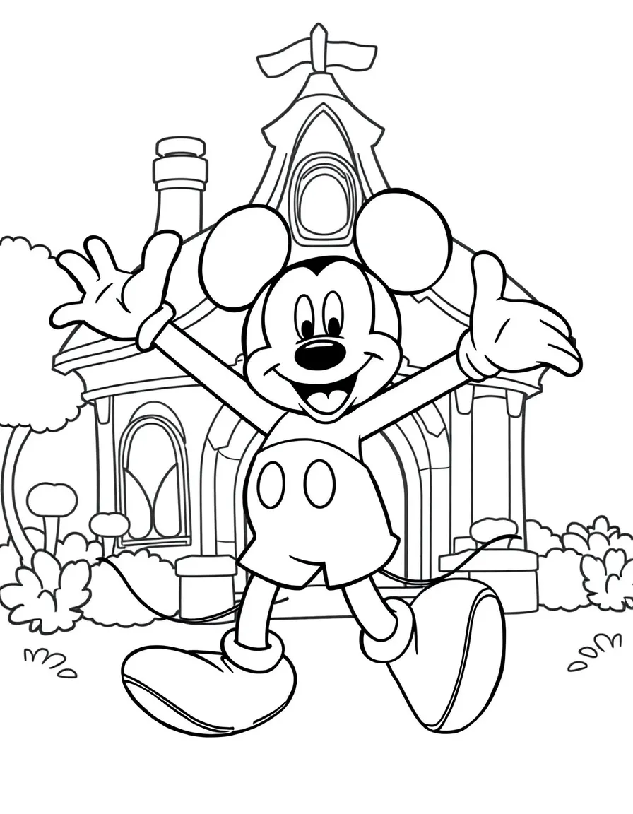 Mickey Mouse jumping with joy, in front of their famous house or scene.