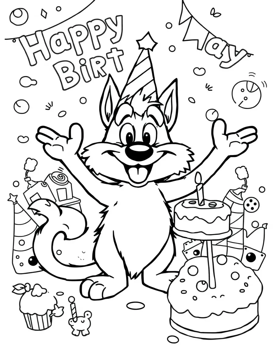 Sylvester celebrating a birthday, with fun background elements.