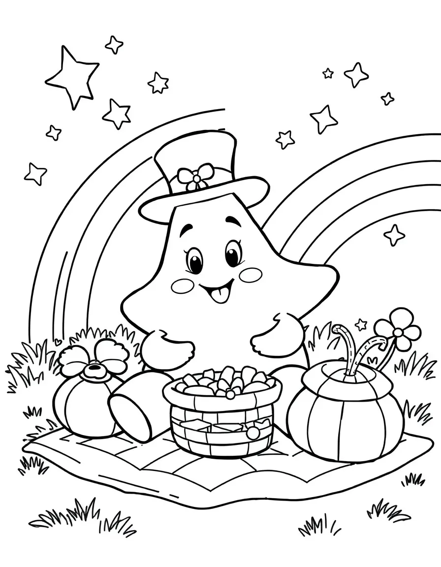 Patrick Star having a picnic, with stars and rainbows in the background.
