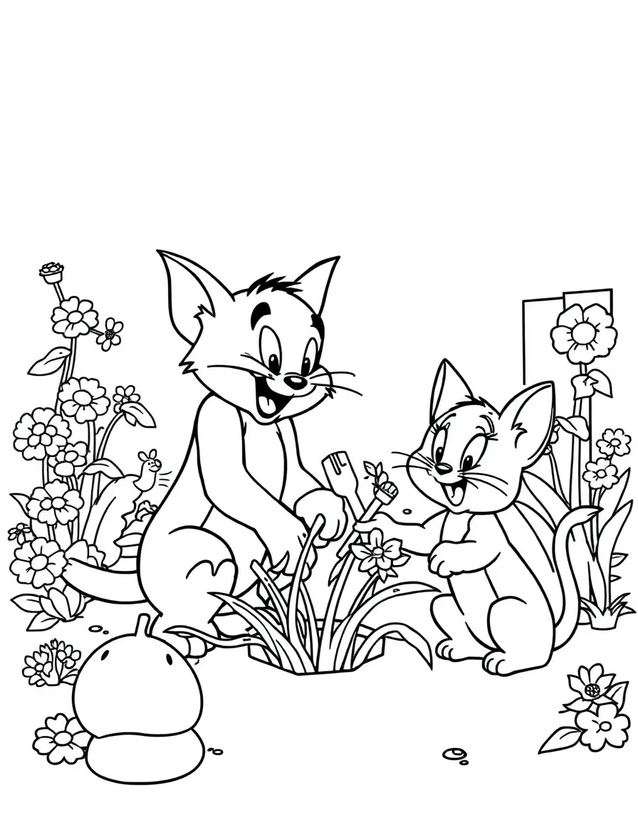 Tom and Jerry gardening, surrounded by friendly animals.