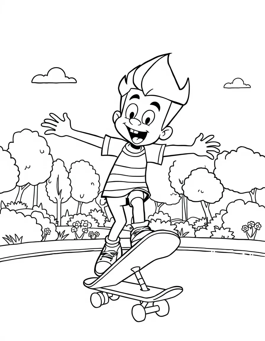 Jimmy Neutron skateboarding in the park, with fun background elements.