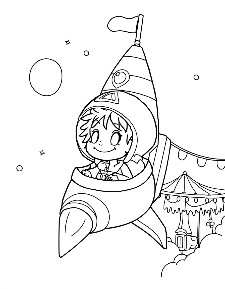 Usopp exploring space in a rocket, at a carnival with colorful decorations.