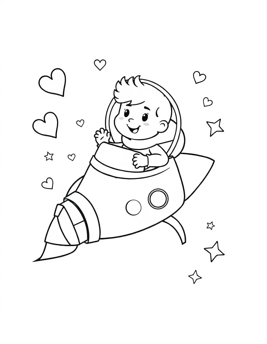 Arthur exploring space in a rocket, with hearts and sparkles around.