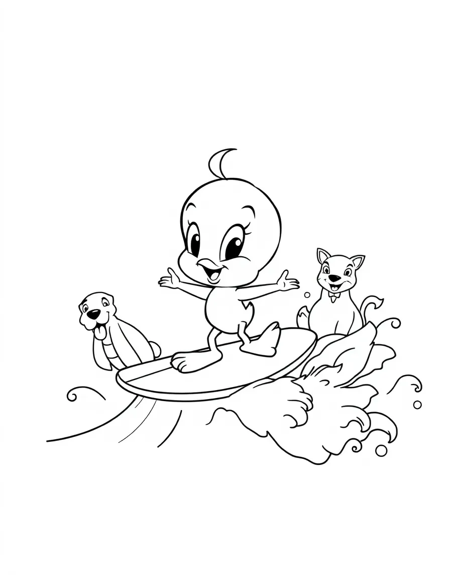Tweety Bird surfing on waves, surrounded by friendly animals.