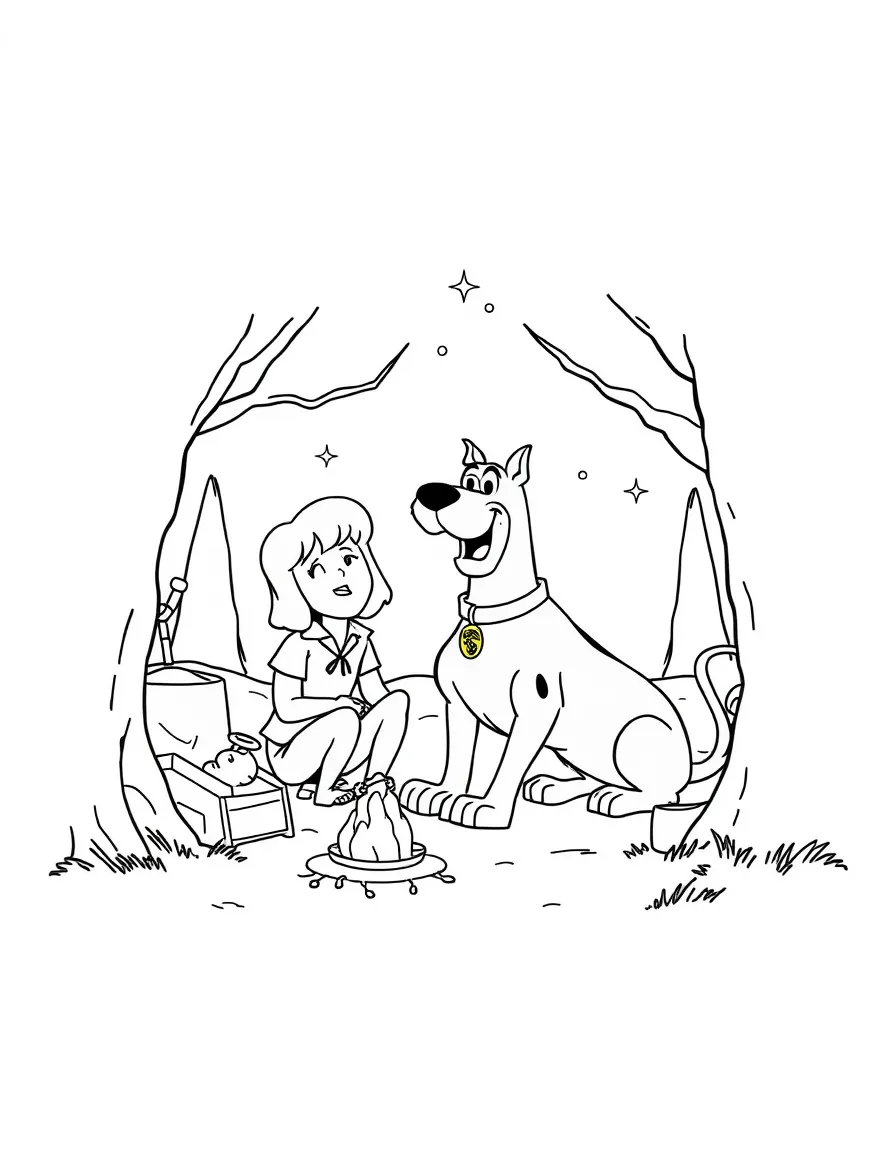 Scooby-Doo camping with friends, inside a comic book frame.