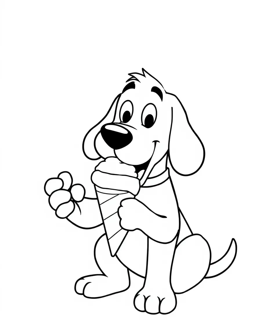 Clifford the Big Red Dog enjoying an ice cream cone, with big bold outlines for easy coloring.