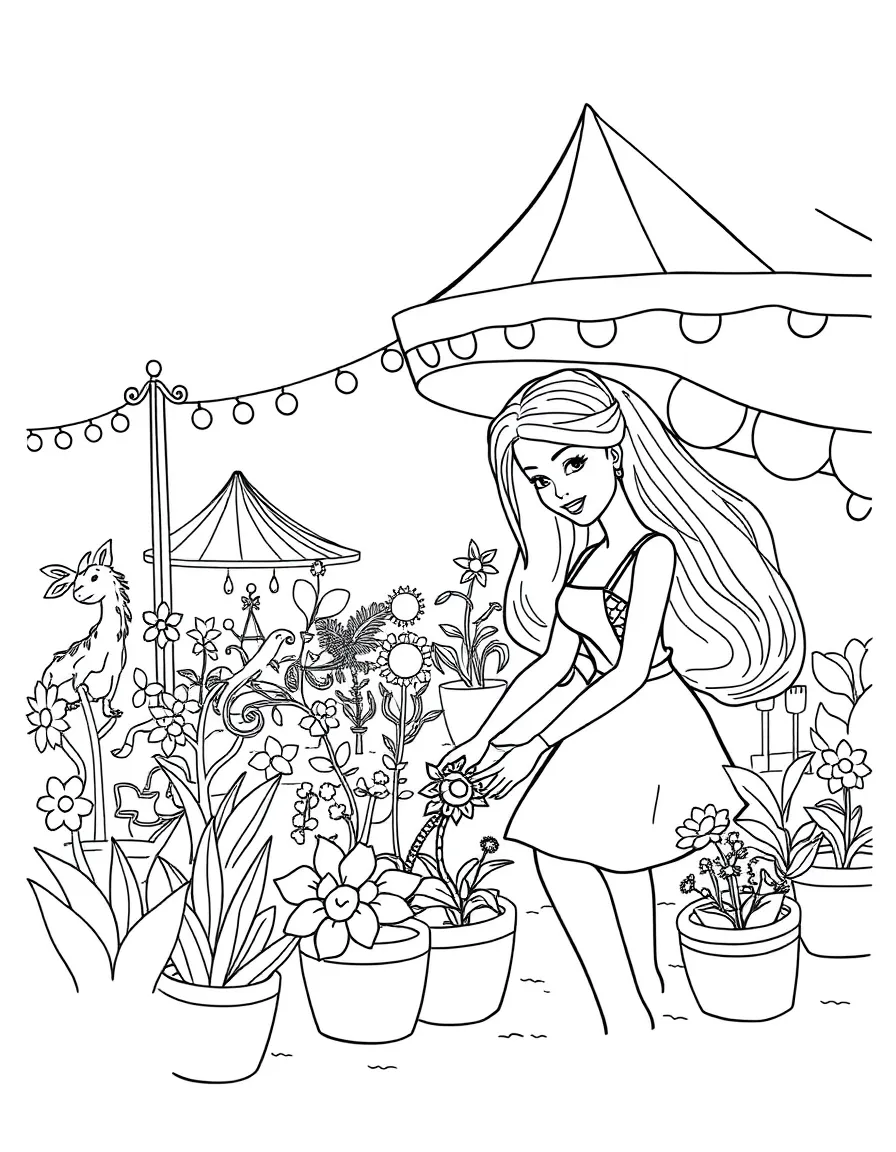 Barbie gardening, at a carnival with colorful decorations.