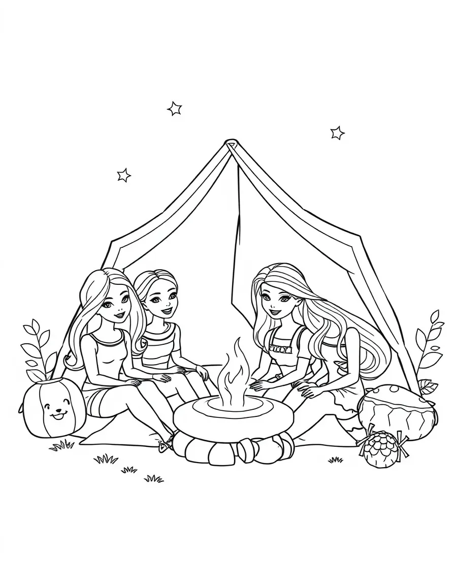 Barbie camping with friends, with playful patterns around.