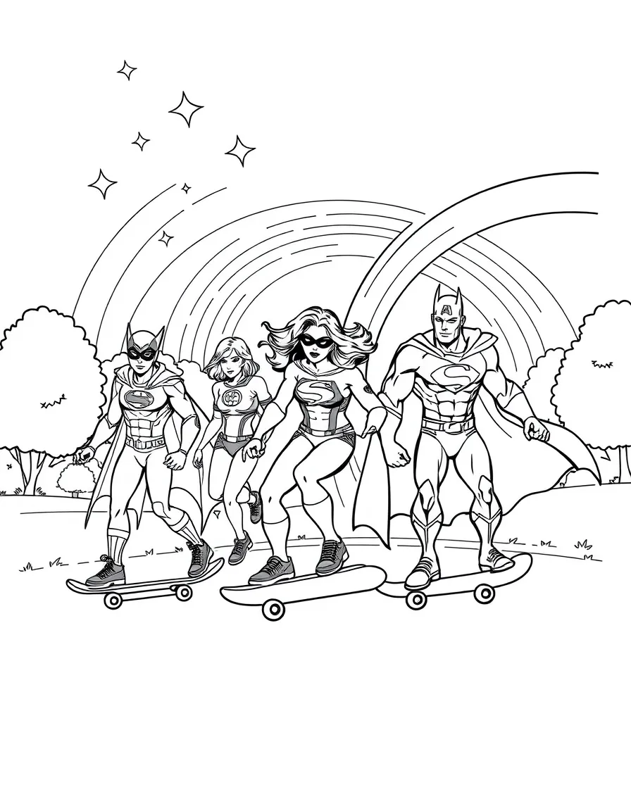 Justice League skateboarding in the park, with stars and rainbows in the background.