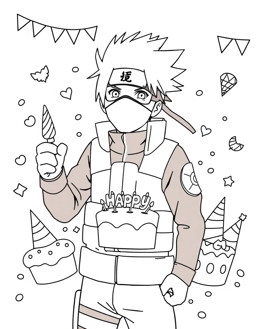 Kakashi celebrating a birthday, with fun background elements.