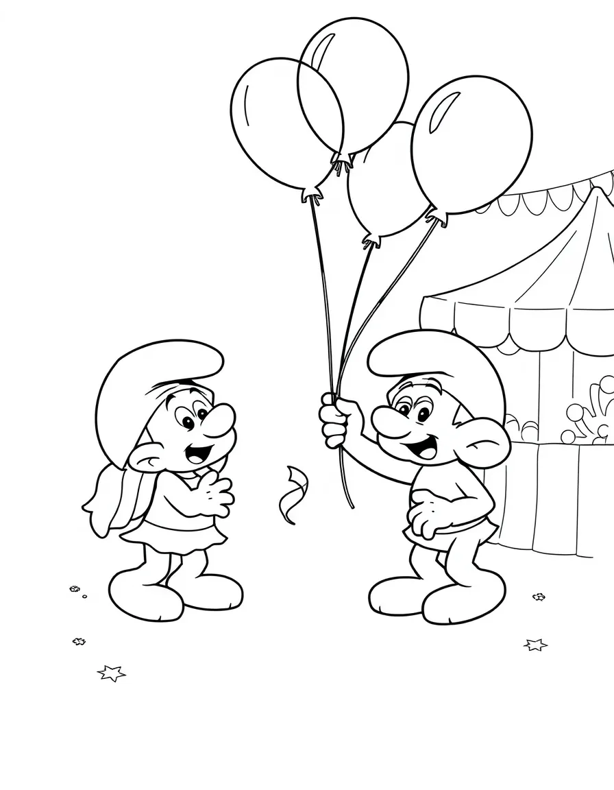 The Smurfs playing with balloons, at a carnival with colorful decorations.