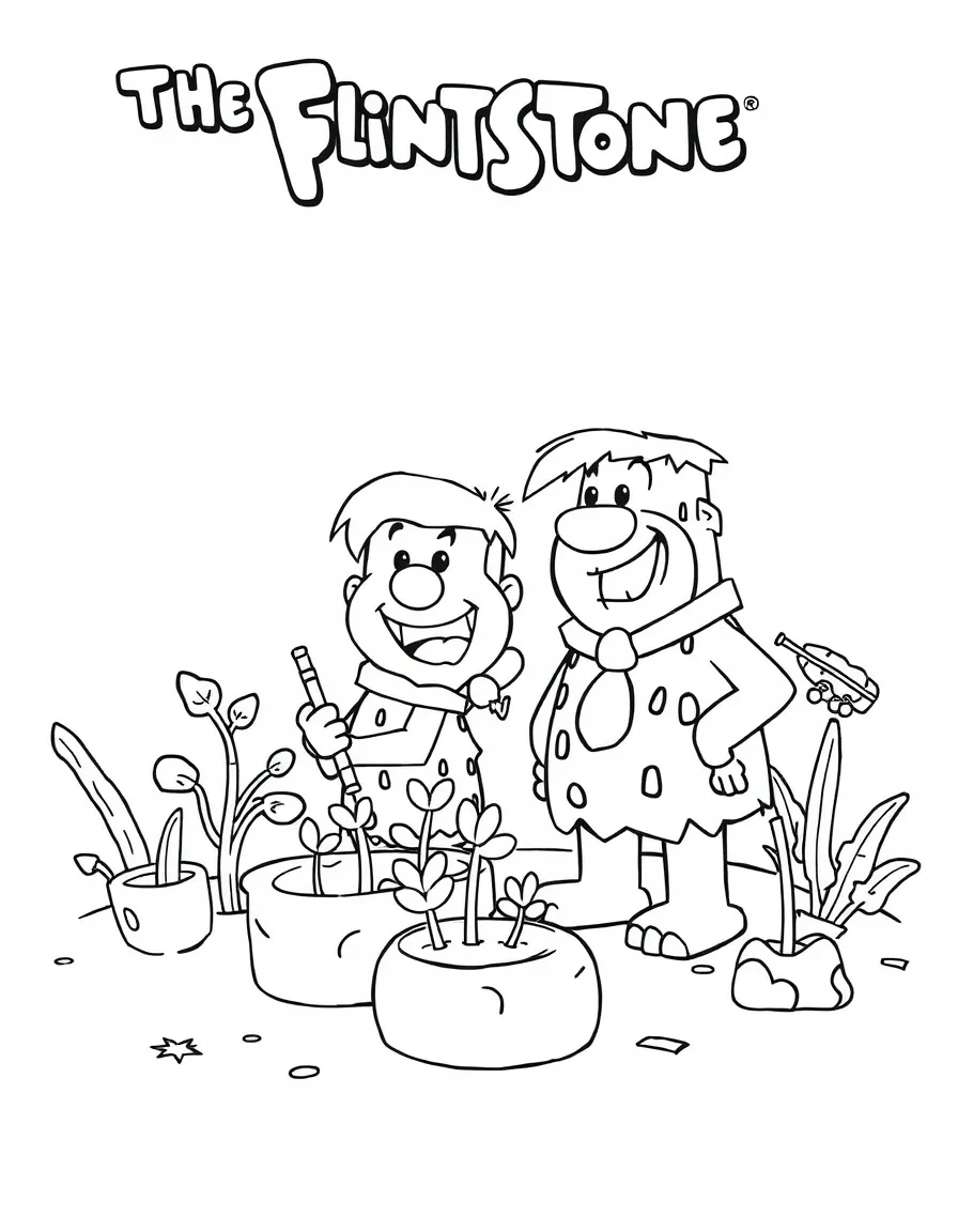 The Flintstones gardening, with fun background elements.