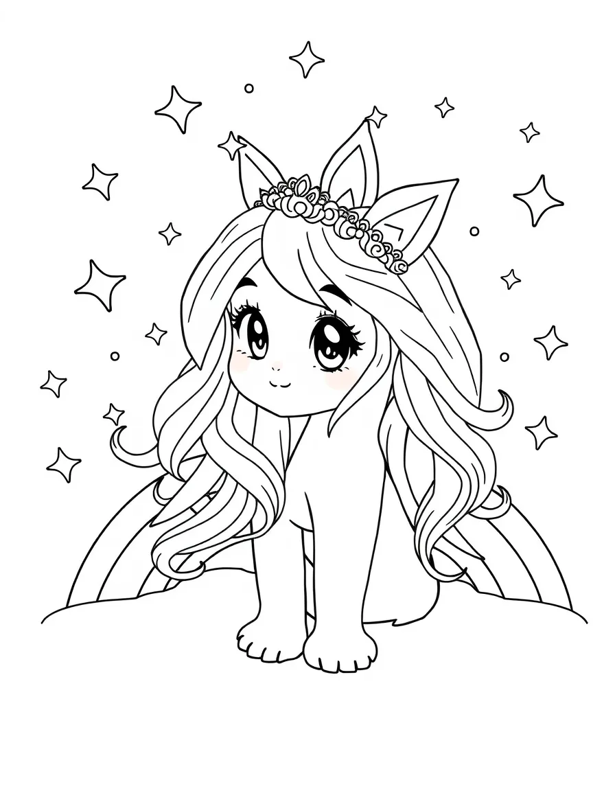Nami painting a picture, with stars and rainbows in the background.