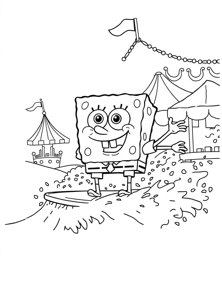 SpongeBob SquarePants surfing on waves, at a carnival with colorful decorations.