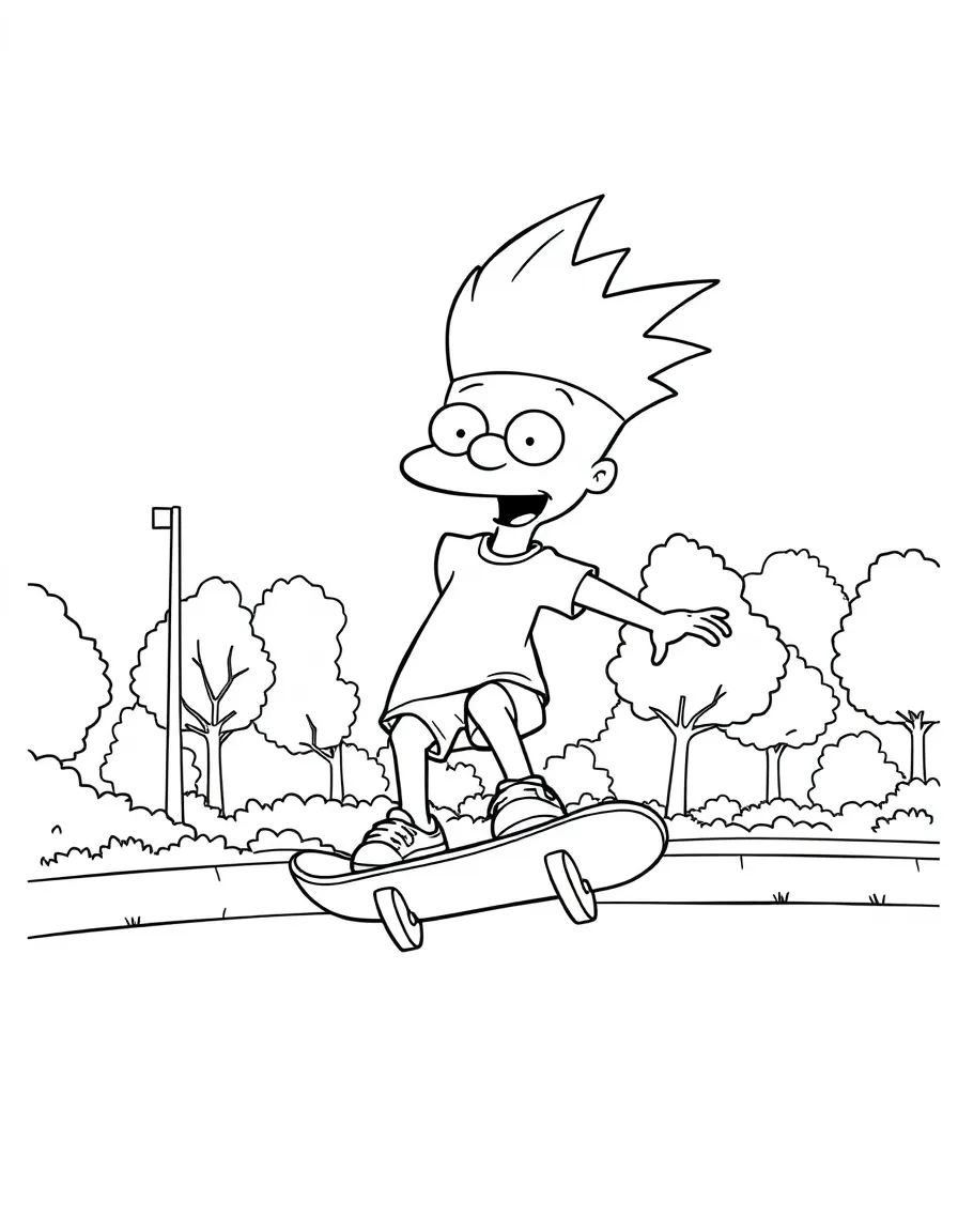 Hey Arnold! skateboarding in the park, with big bold outlines for easy coloring.