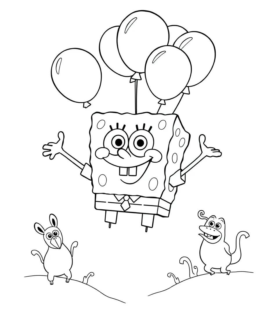 SpongeBob SquarePants flying with balloons, surrounded by friendly animals.