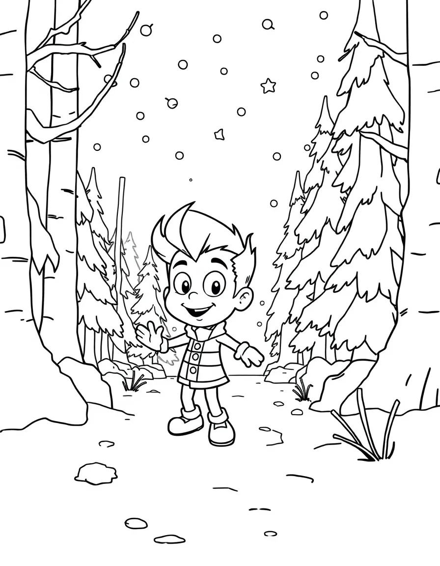 Jimmy Neutron playing in the snow, in a magical forest setting.