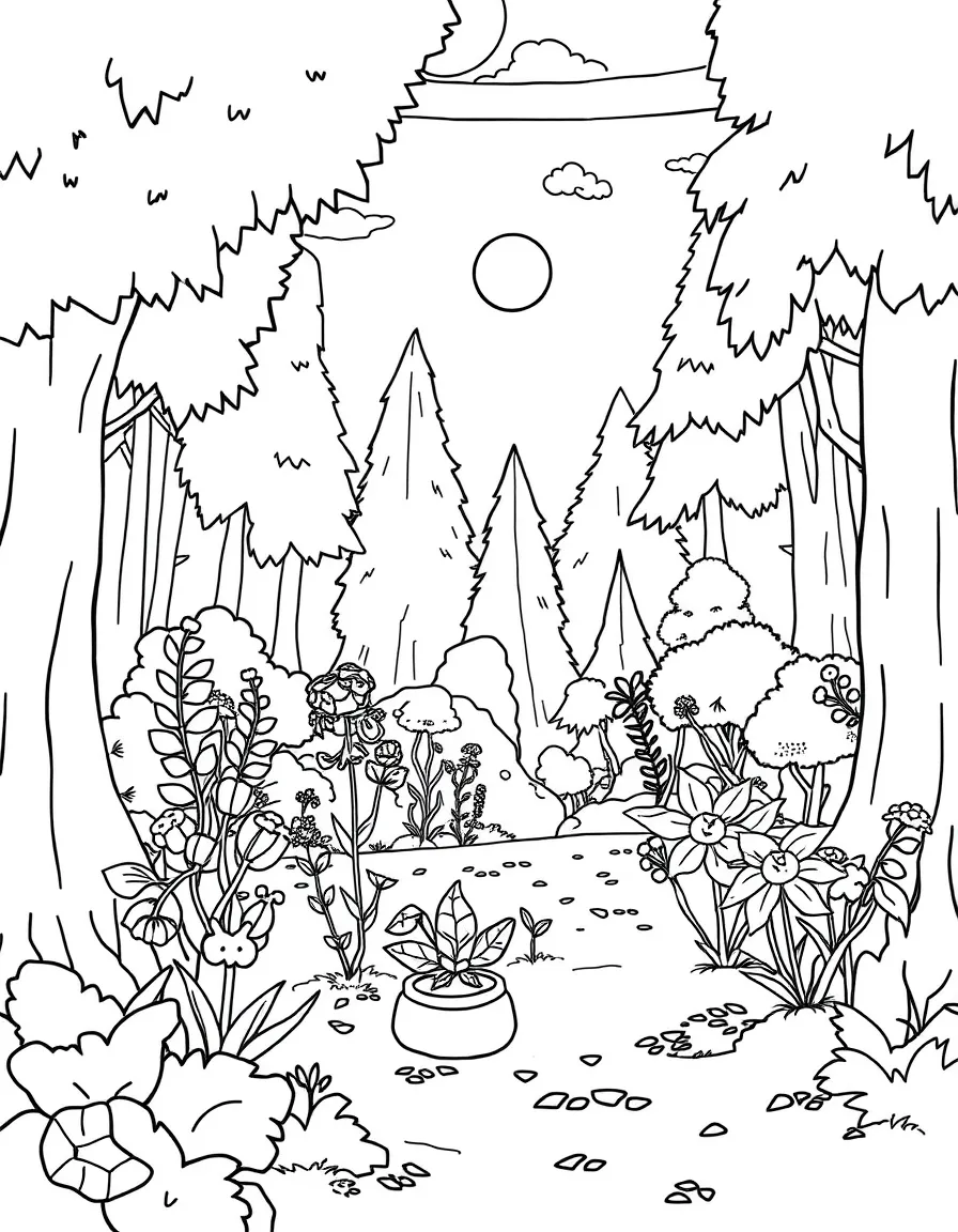 The Jetsons gardening, in a magical forest setting.