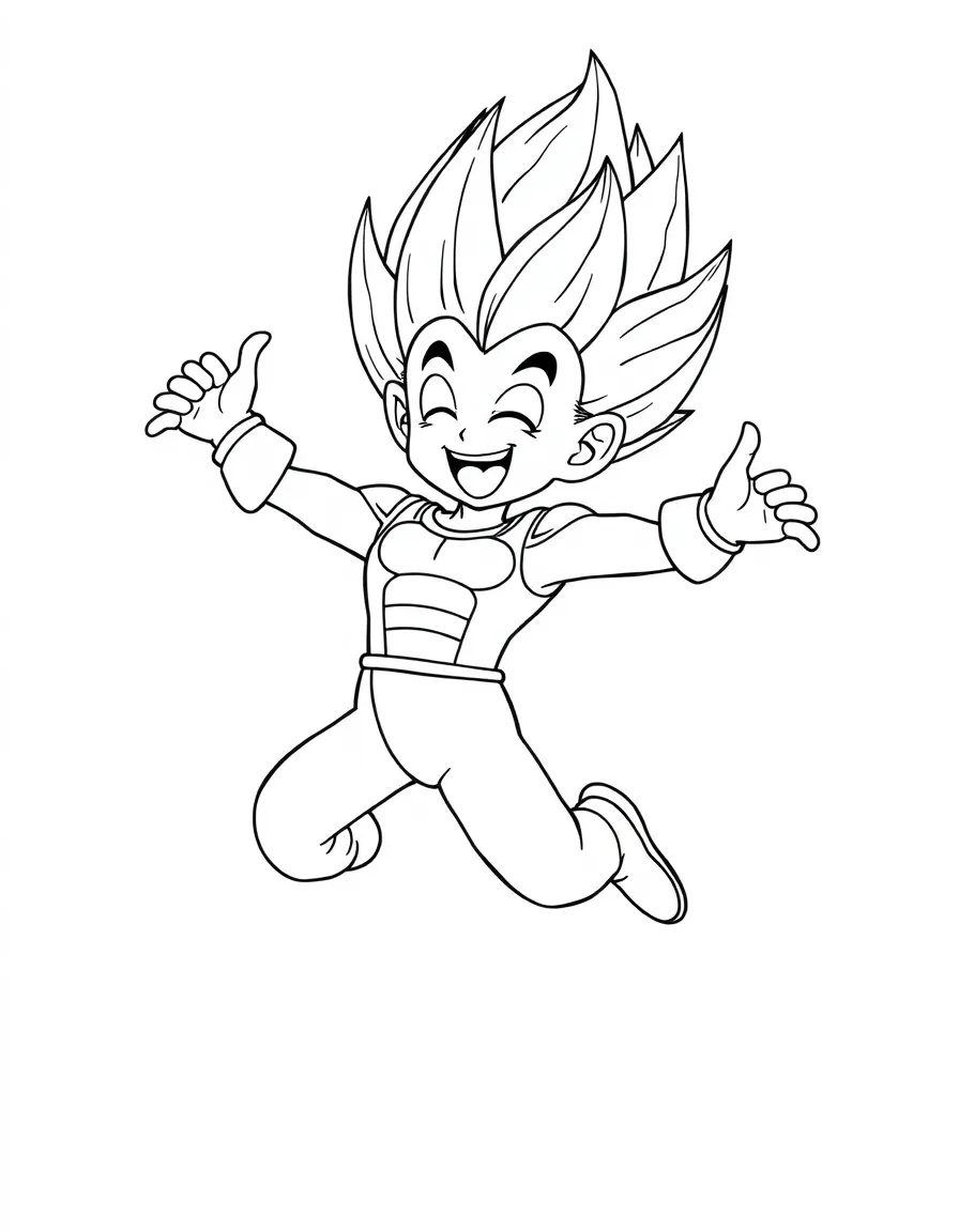 Vegeta jumping with joy, with big bold outlines for easy coloring.