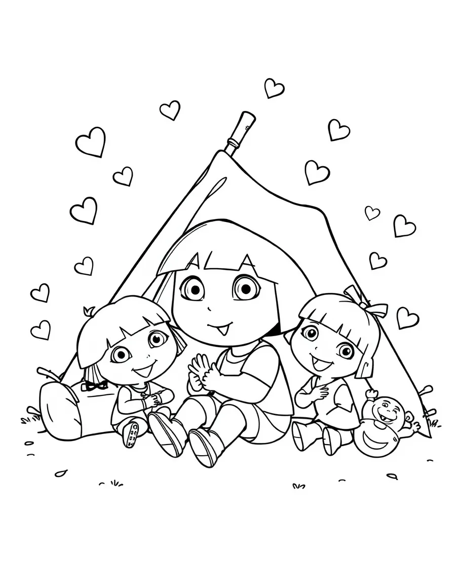 Dora the Explorer camping with friends, with hearts and sparkles around.