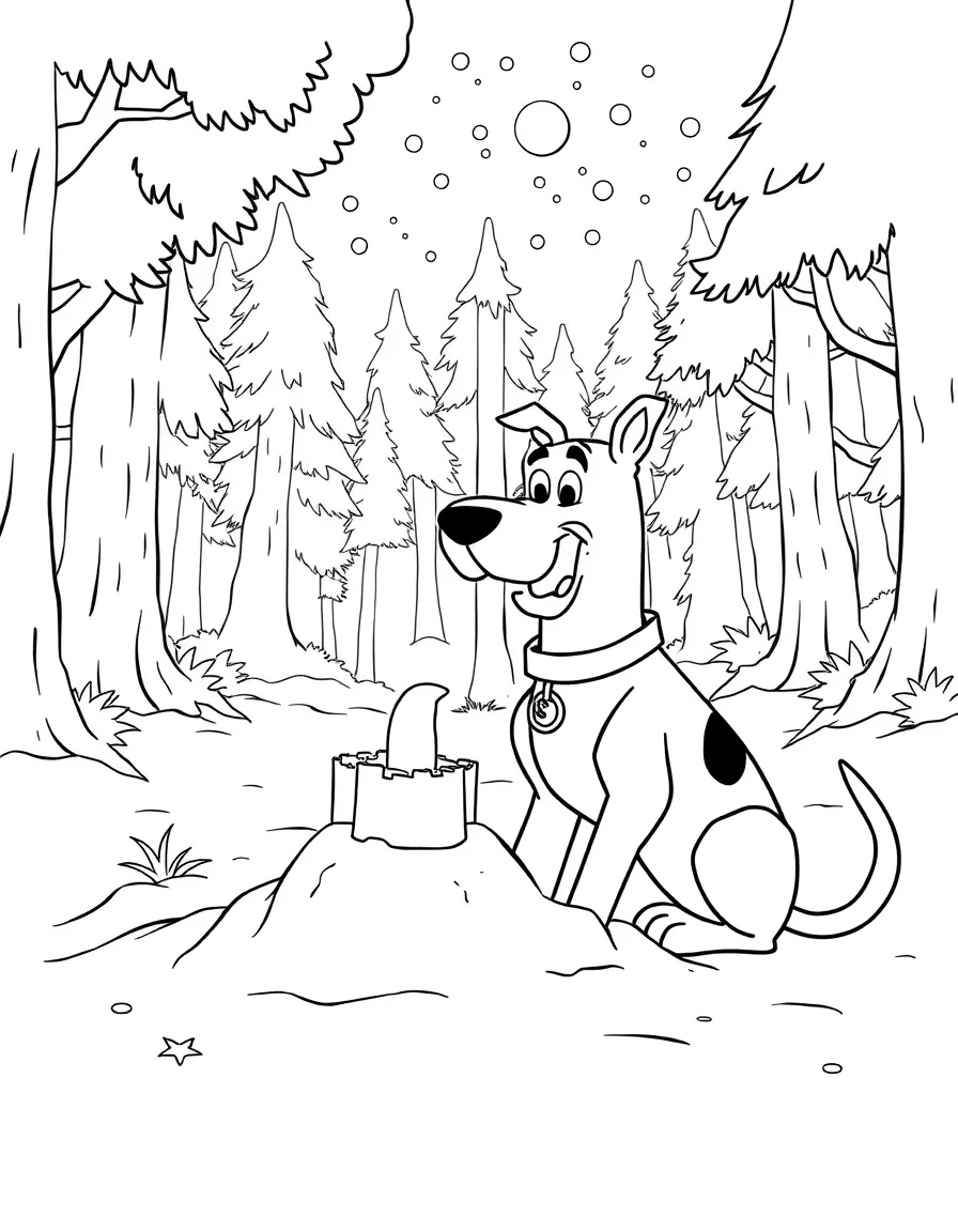 Scooby-Doo building a sandcastle, in a magical forest setting.