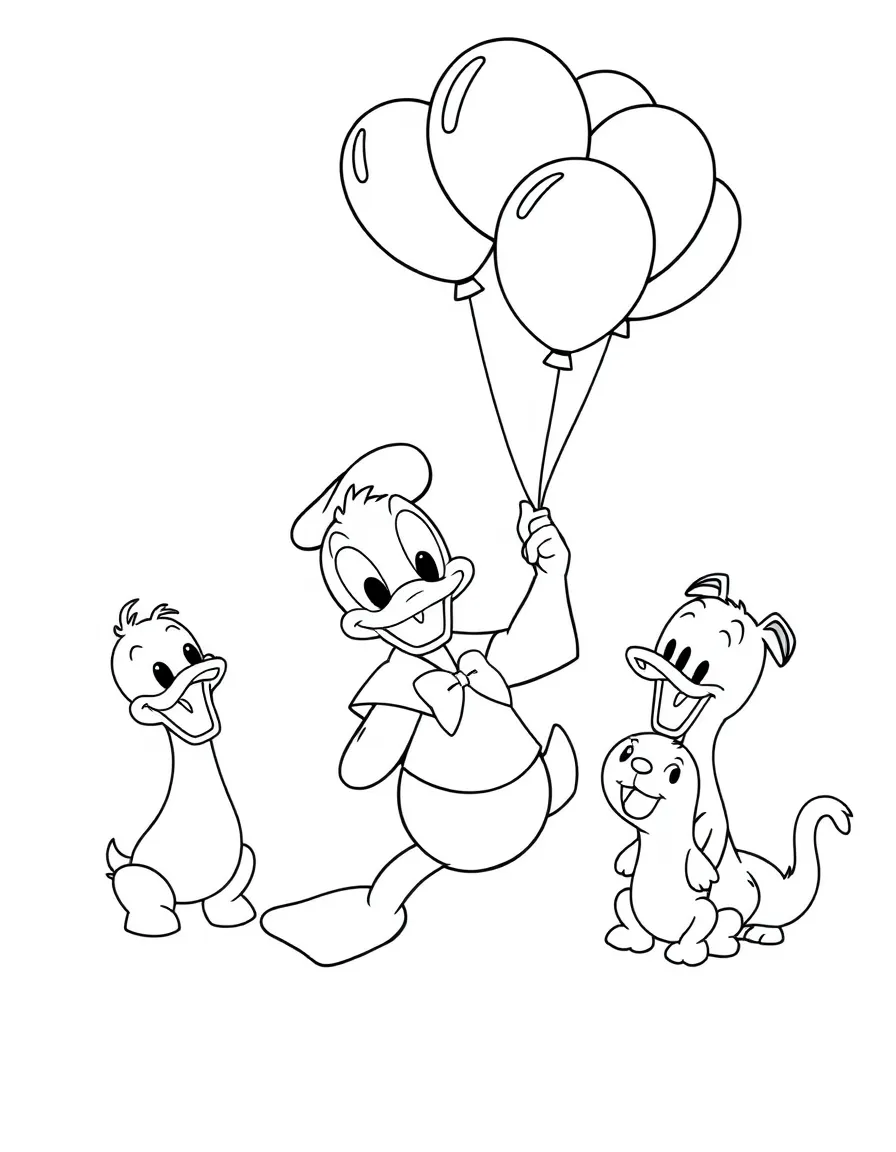 Donald Duck playing with balloons, surrounded by friendly animals.