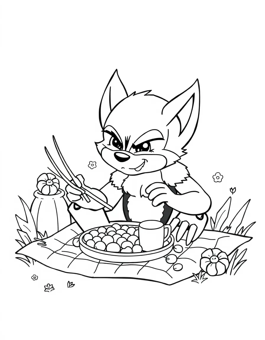 Wolverine having a picnic, with playful patterns around.
