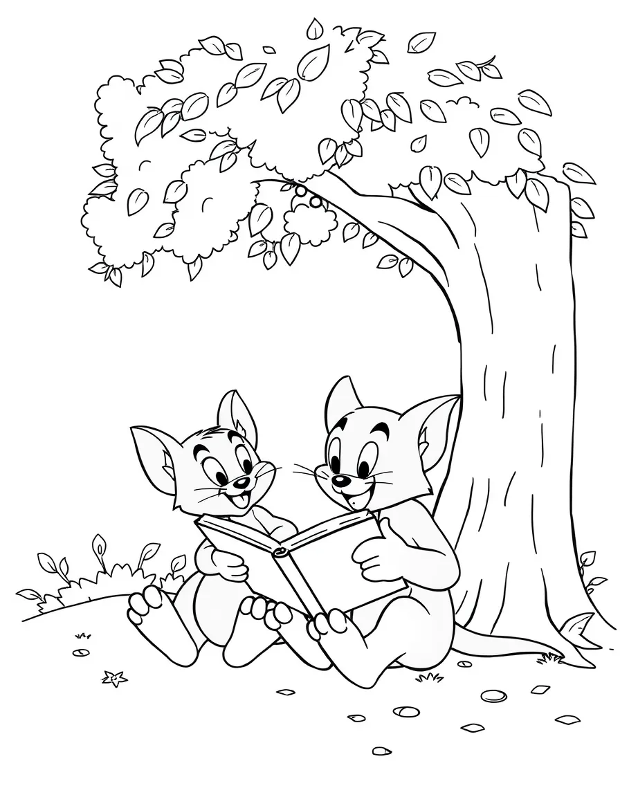 Tom and Jerry reading a book under a tree, with fun background elements.