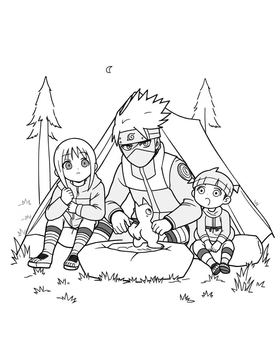 Kakashi camping with friends, with big bold outlines for easy coloring.