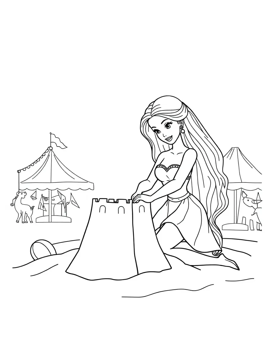 Barbie building a sandcastle, at a carnival with colorful decorations.
