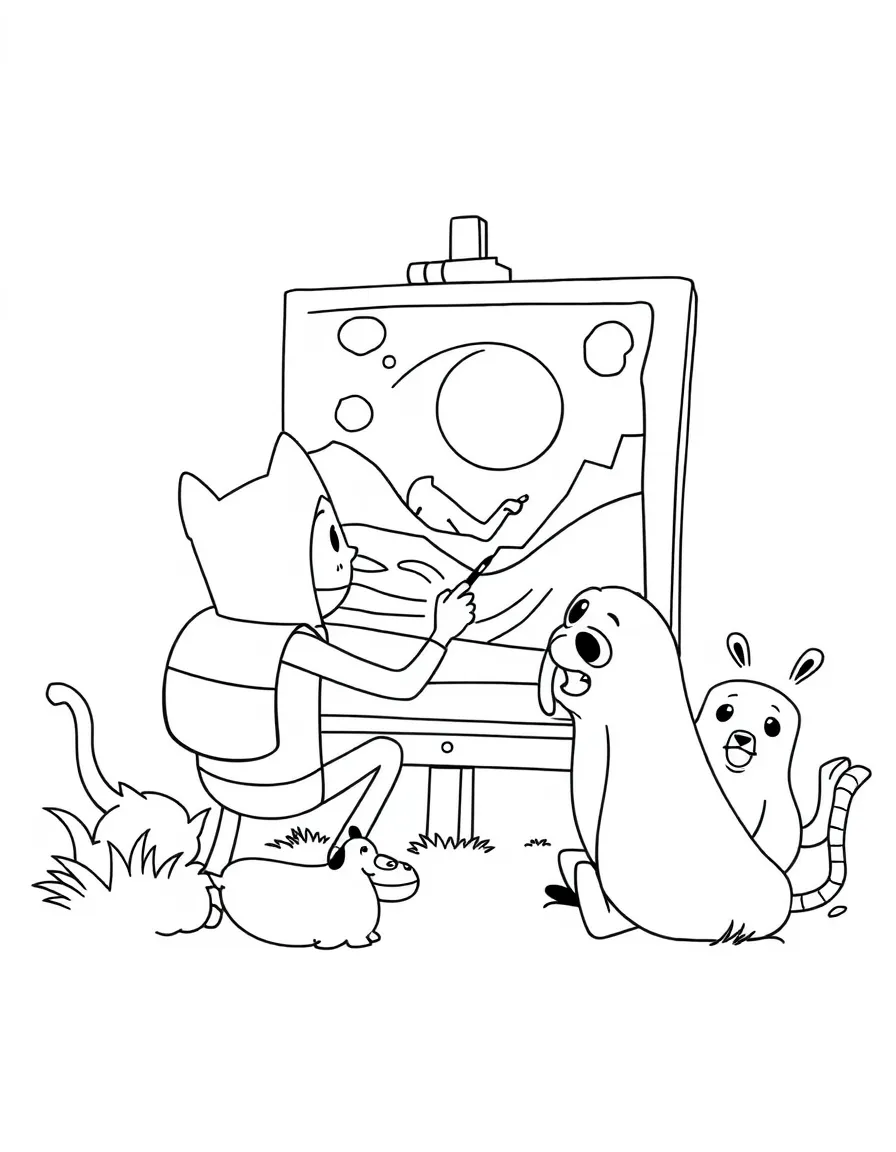 Finn and Jake painting a picture, surrounded by friendly animals.