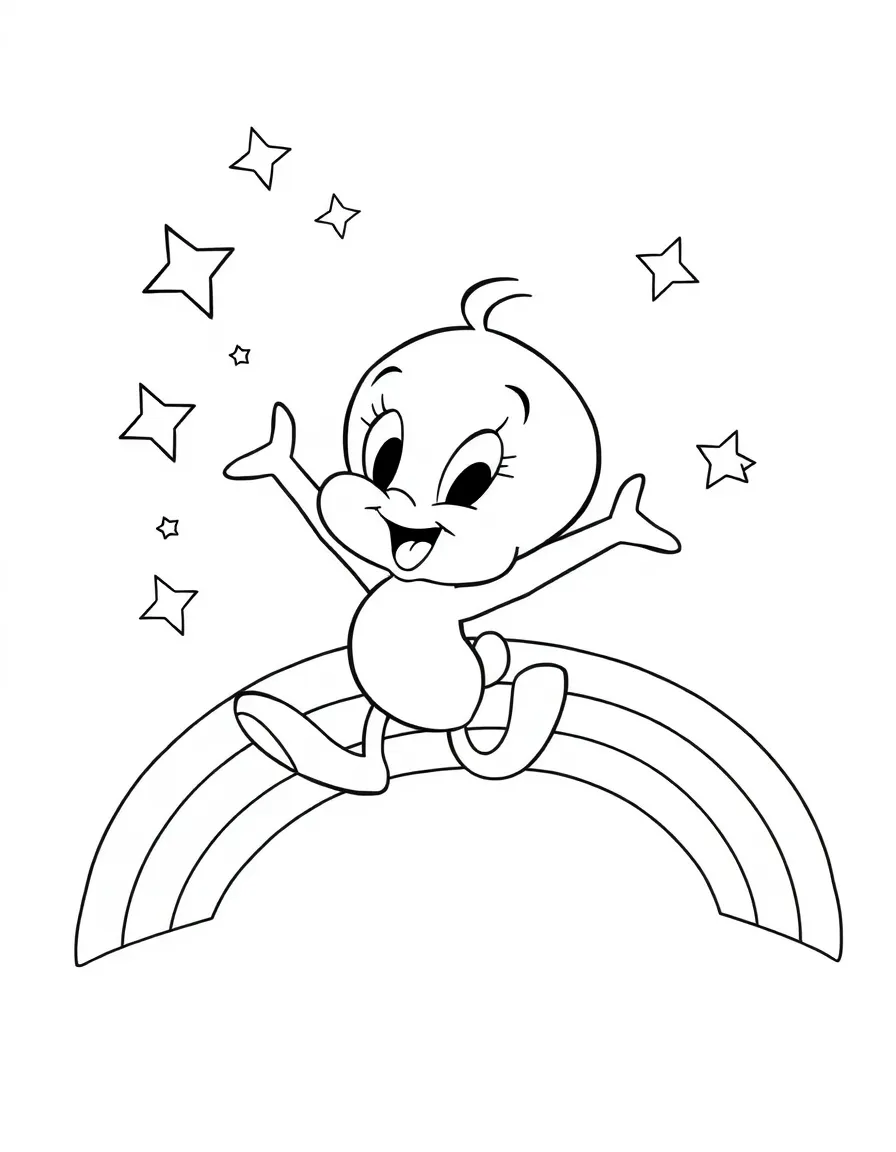 Tweety Bird jumping with joy, with stars and rainbows in the background.