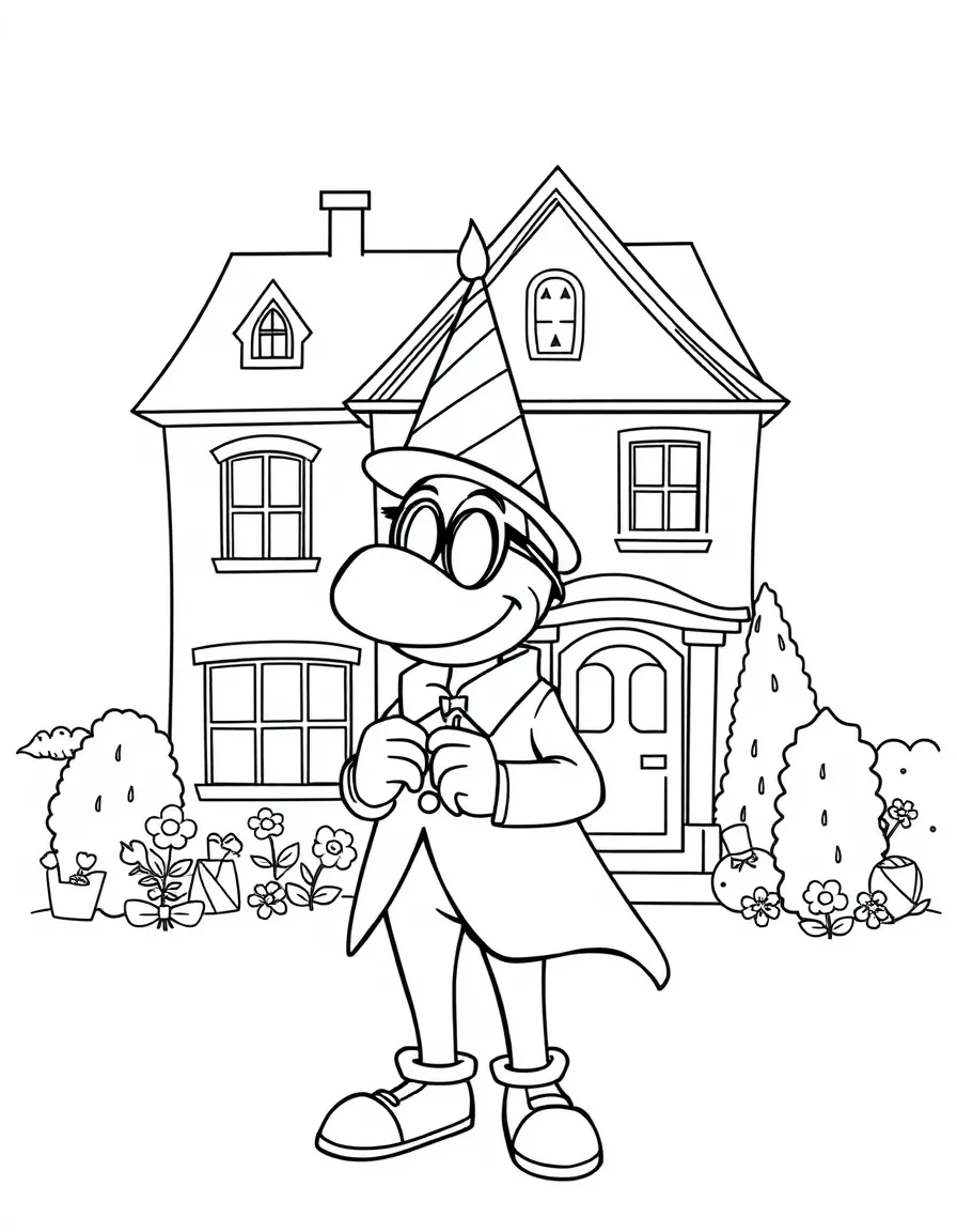 Piccolo celebrating a birthday, in front of their famous house or scene.