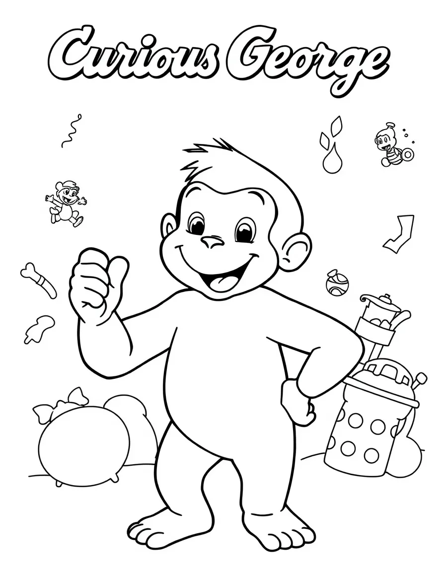 Curious George posing heroically, with fun background elements.